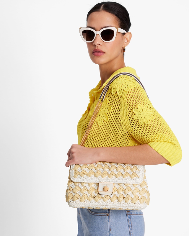 Yellow Kate Spade Evelyn Striped Crochet Raffia Medium Convertible Women's Shoulder Bags | 40918-FQCM